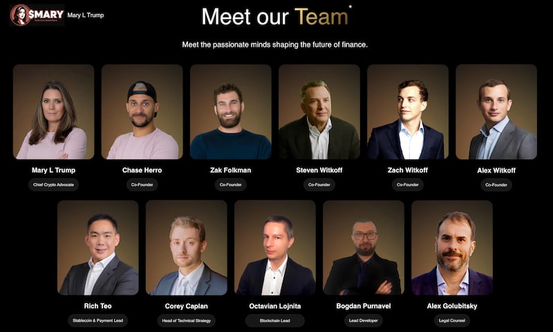 Mary Trump’s tongue-in-cheek “Meet our Team” page on her memecoin site.