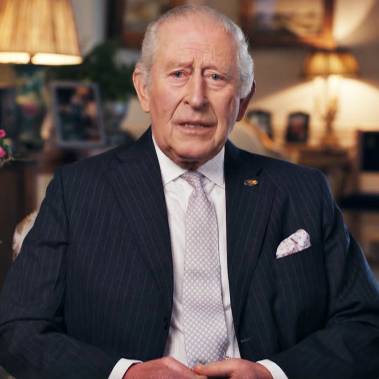 King Charles III sits in The Morning Room at Clarence House, London, recording a personal message, to be broadcast today, as part of Stand Up To Cancer 2025, a joint campaign from Cancer Research UK and Channel 4.
