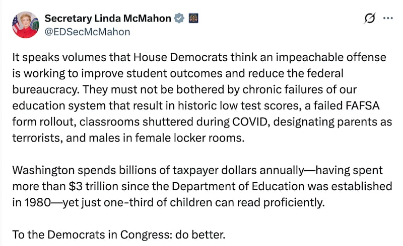Linda McMahon responds to impeachment resolution brought against her.