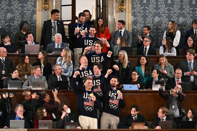 Members of the US Men's Olympic hockey team are recognized by US President Donald Trump as he delivers the State of the Union address.