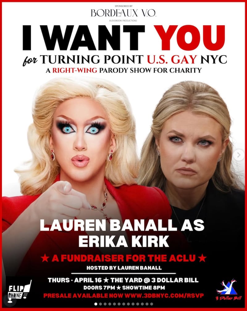 Promo poster for US Gay NYC. Erika Kirk (right) is being parodied by drag queen Lauren Banall (left) in Brooklyn this week.