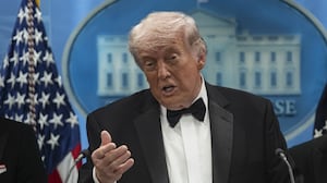 Donald Trump holds a press conference at the White House in Washington, DC, shortly after a shooting incident at the White House Correspondents' Dinner on April 25, 2026.