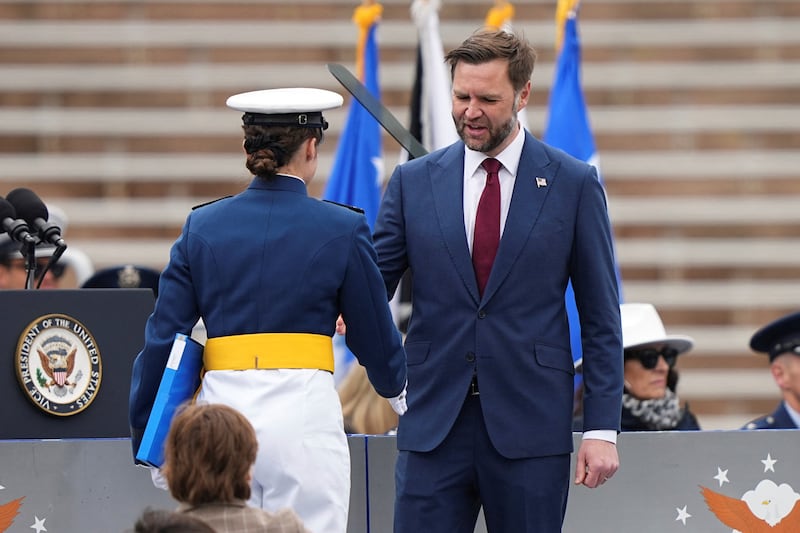 U.S. Vice President JD Vance shakes hands with a graduating cadet during the United States Air Force Academy Graduation Ceremony at Falcon Stadium,at the United States Air Force Academy in Colorado Springs, Colorado, U.S., May 28, 2026.  Matt Rourke/Pool via REUTERS