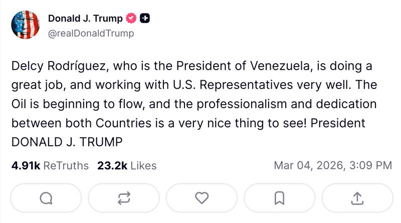 Trump praised Rodríguez in a Truth Social post March 4.