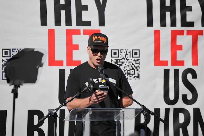 Spencer Pratt, a Palisades resident and husband of Heidi Montag, speaks during the "They Let Us Burn!" residents' rally for fairness, accountability, and a vision for rebuilding their community on the first anniversary of the deadly Palisades Fire, in the Pacific Palisades neighborhood of Los Angeles, California, U.S., January 7, 2026.