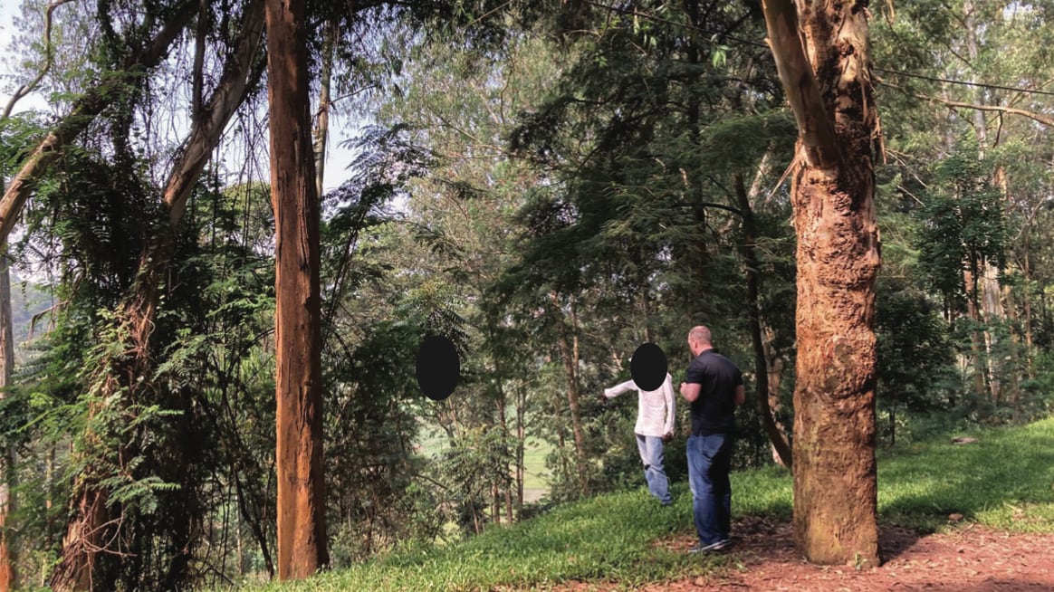 A photo of a Rwandan war crimes site in the forest, which is included in the criminal complaint against Eric Tabaro Nshimiye.