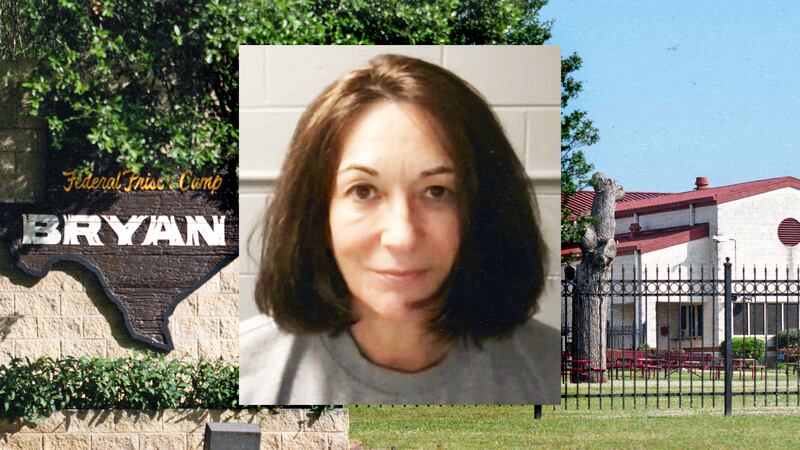 A photo illustration of Federal Prison Camp, Bryan, Texas and the mugshot of British convicted sex offender and former socialite Ghislaine Maxwell.