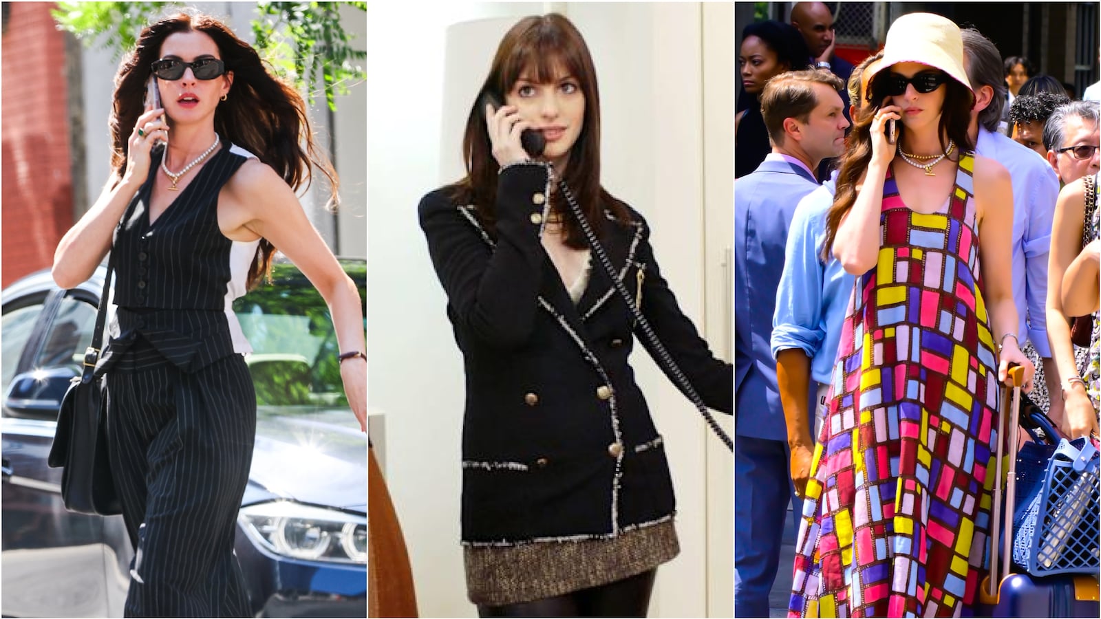 Anne Hathaway filming 'The Devil Wears Prada 2' in New York and a still of her from the original 'Devil Wears Prada' movie.