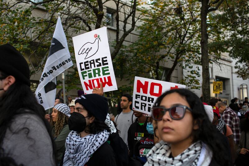 A photo of a demonstrator holding a sign with ‘Ceasefire Now’ written on it, at a pro-Palestinian march in Washington, D.C. on November 4.