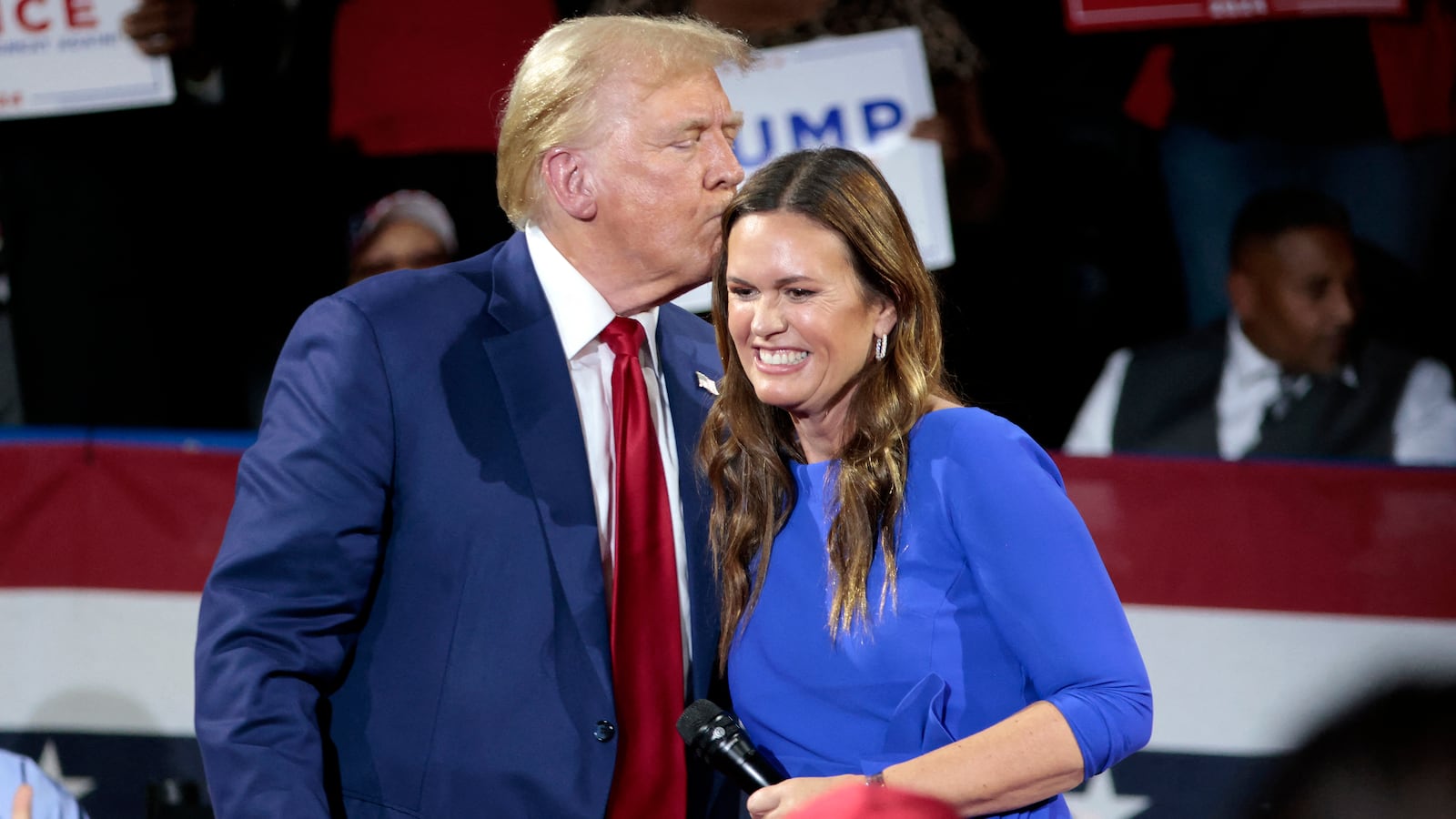 Former US President Donald Trump attends a town hall meeting moderated by Arkansas Governor Sarah Huckabee Sanders at the Dort Financial Center in Flint, Michigan, on September 17, 2024