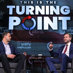 U.S. Vice President JD Vance speaks with Turning Point USA spokesperson Andrew Kolvet during a Turning Point USA event at Akins Ford Arena at the Classic Center on April 14, 2026, in Athens, Georgia, U.S. Chip Somodevilla/Pool via REUTERS