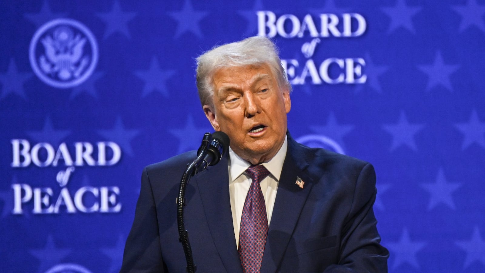 President Donald Trump delivers a speech during the Board of Peace session held as part of the 56th World Economic Forum (WEF) in Davos, Switzerland on January 22, 2026.