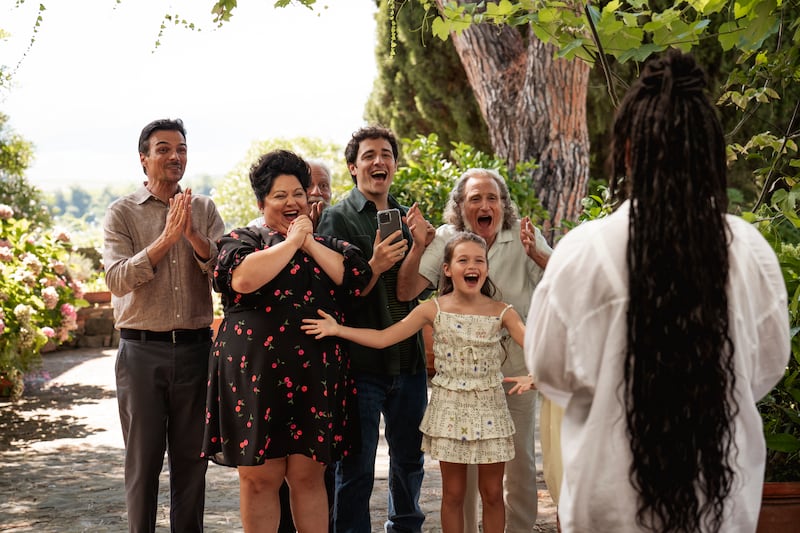 (from left) Leo (Luca Setaccioli), Francesca (Stella Pecollo), Roberto (Agazio Olanda), Enzo (Tommaso Cassissa), Bella (Beatrice Skyler Rigel), Roberto (Giacomo Giacopini) and Anna (Halle Bailey) in You, Me & Tuscany, directed by Kat Coiro.