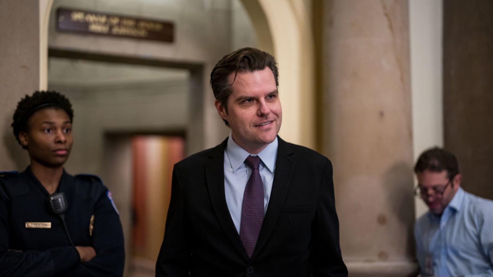 Rep. Matt Gaetz (R-FL) leaves the Speakers office where the House Freedom Caucus is meeting with Speaker of the House Mike Johnson (R-LA).