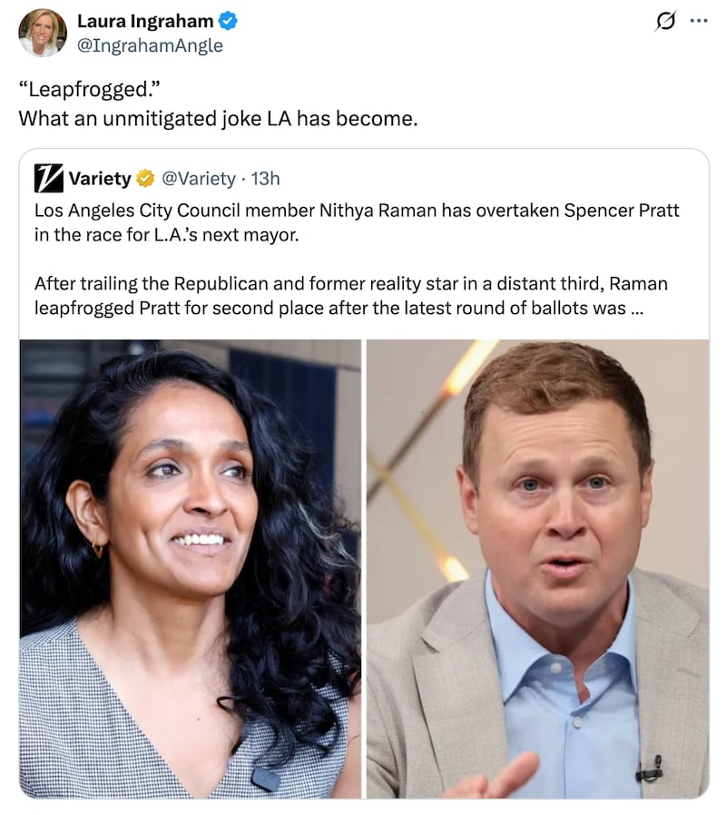 Screenshot of Laura Ingraham’s X post.