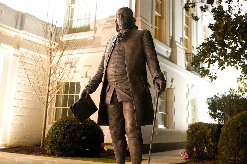 A newly installed statue of Benjamin Franklin, stands at the White House in Washington, D.C., on March 1, 2026.