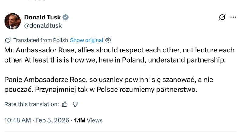 An X post from Poland's Prime Minister Donald Tusk in response to US Ambassador Tom Rose's attack on Poland's Parliament Speaker.