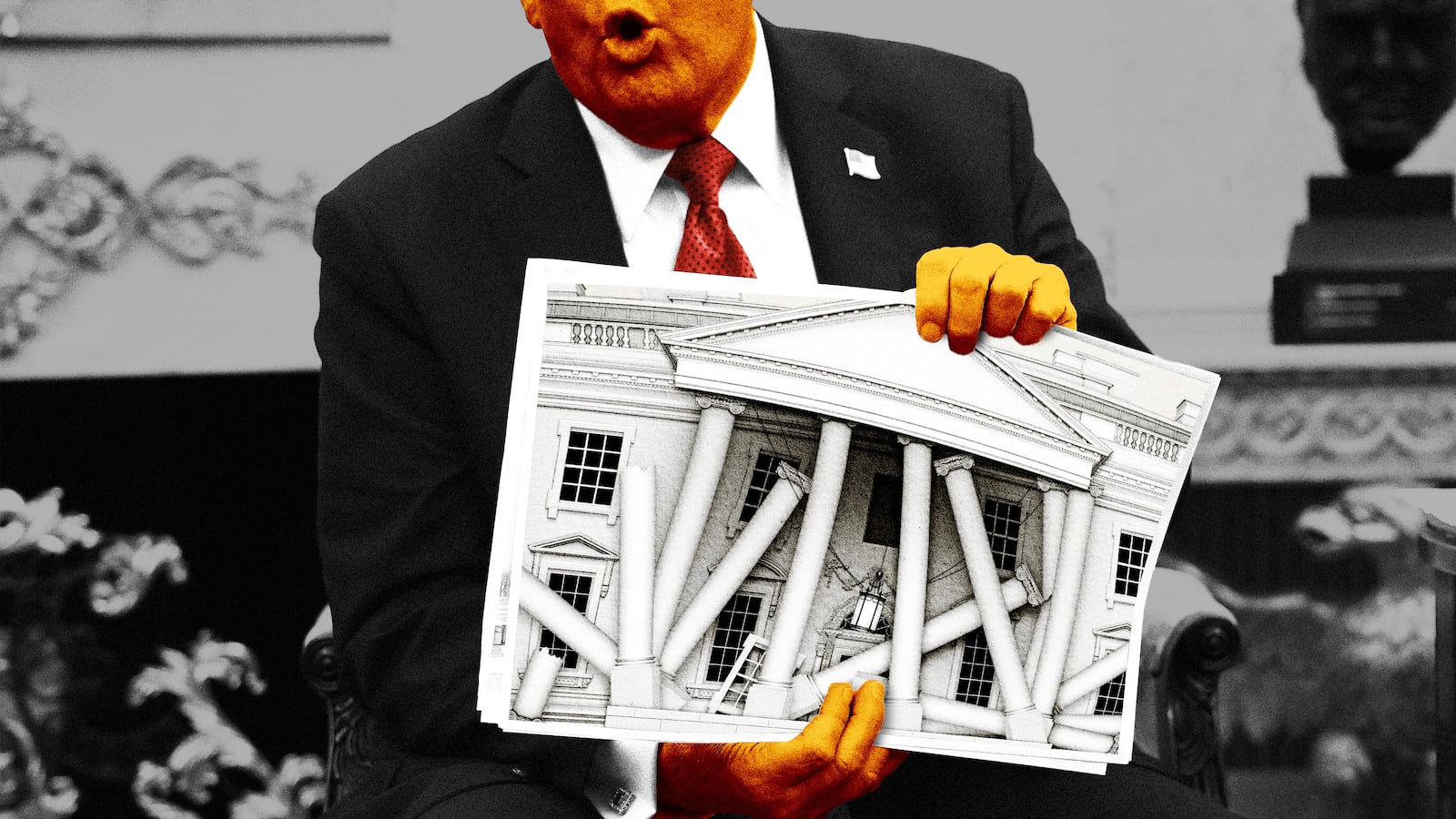 Photo illo illustration of Donald Trump holding a photo of a crumbling White House