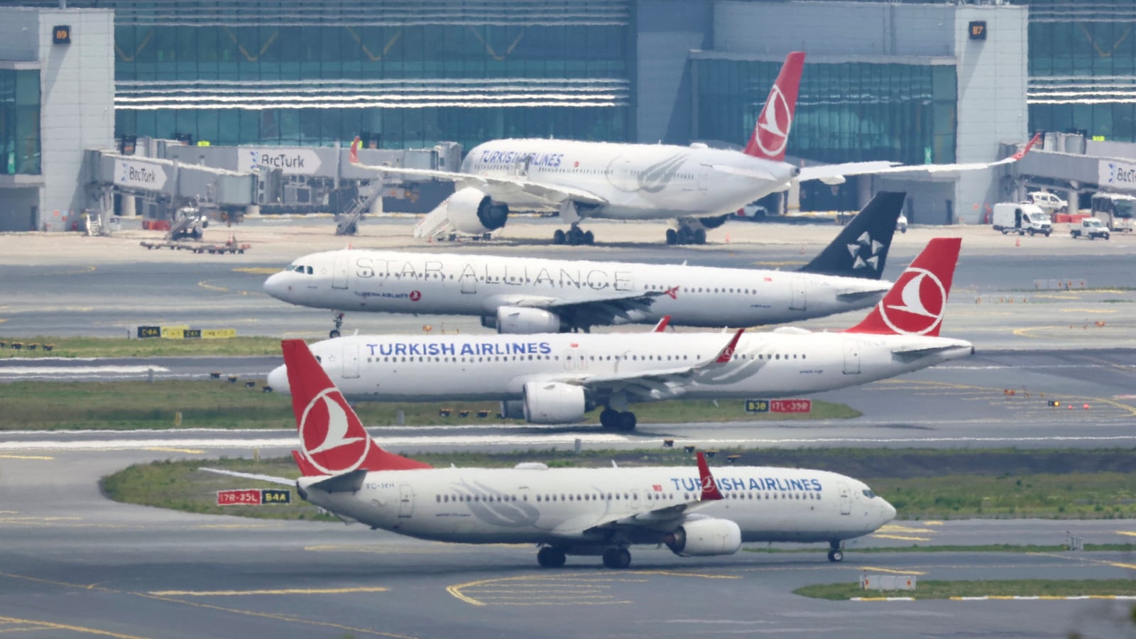Turkish Airlines (THY) aircraft are pictured on the tarmac of Istanbul Grand Airport in Istanbul, Turkey May 23, 2023.