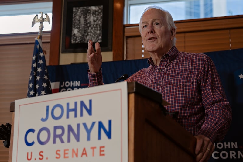 Sen. John Cornyn speaks at a campaign rally on February 28, 2026  as he tries to hold off a primary upset by Texas Attorney General Ken Paxton.