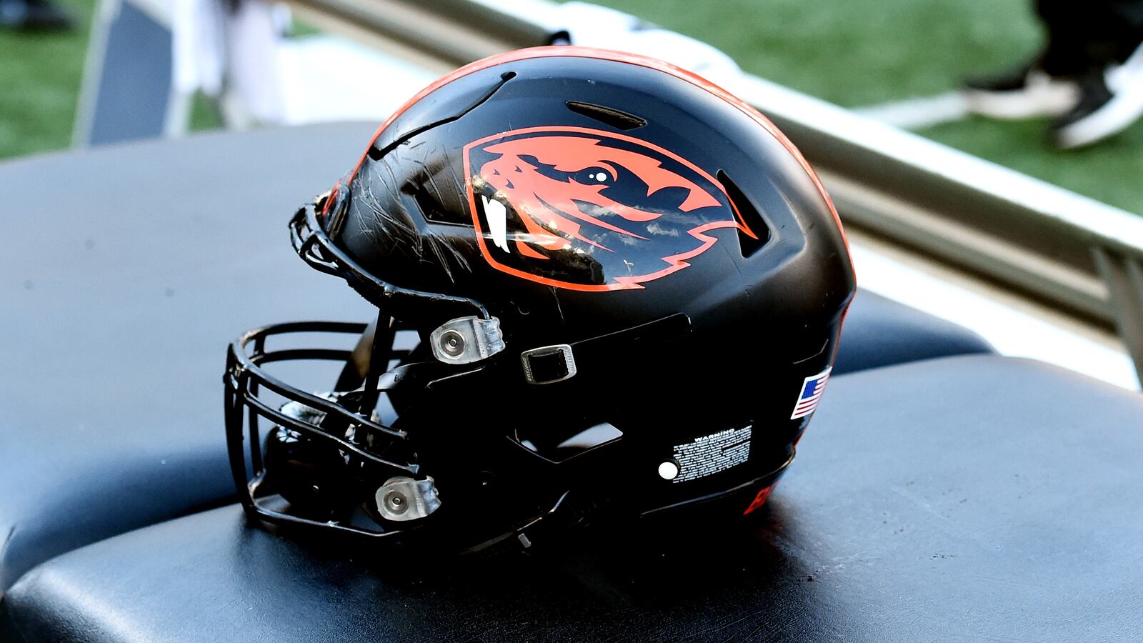 Oregon State Beavers helmet sits during a game against the Washington State Cougars in the first half at Gesa Field at Martin Stadium.