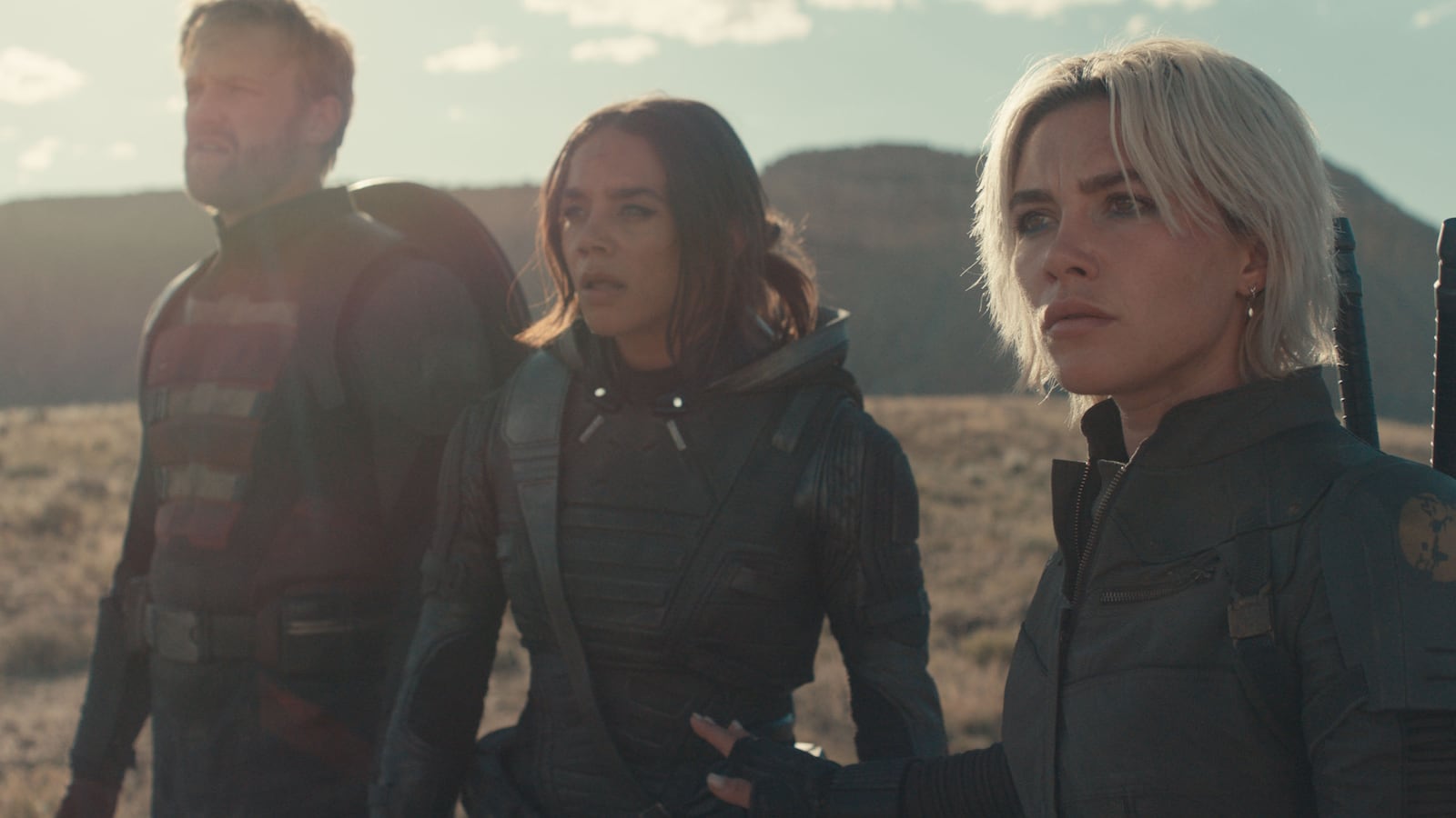 John Walker (Wyatt Russell), Ghost (Hannah John-Kamen) and Yelena Belova (Florence Pugh)