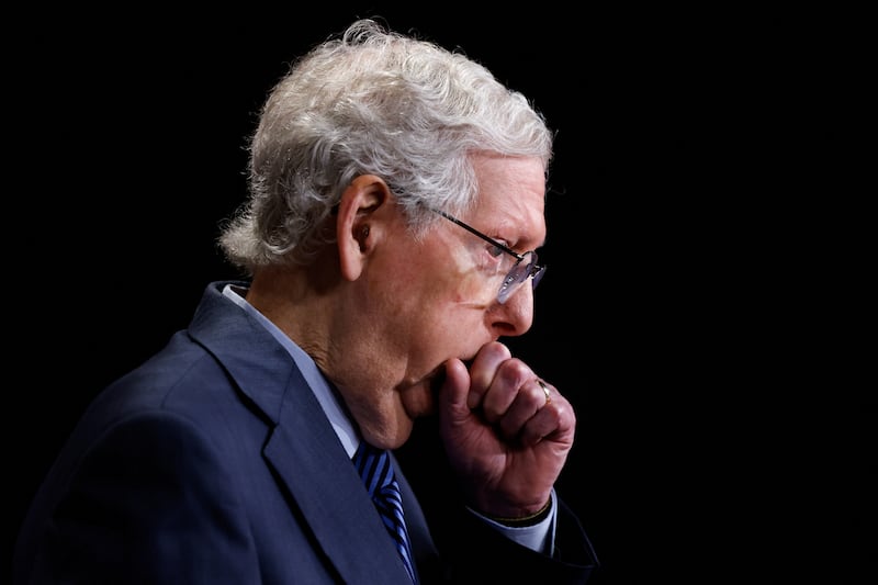 Then-Senate Minority Leader Mitch McConnell speaks during a press conference as the U.S. Senate begins consideration of a $95 billion Ukraine-Israel aid package, on Capitol Hill in Washington, D.C. on April 23, 2024.