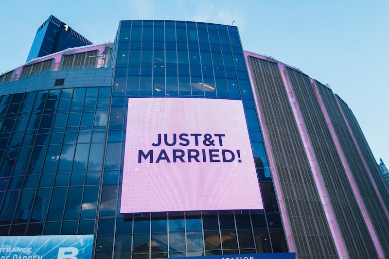 The screens diplay "Just T&T Married!" outside Madison Square Garden in New York, New York on July 3, 2026.