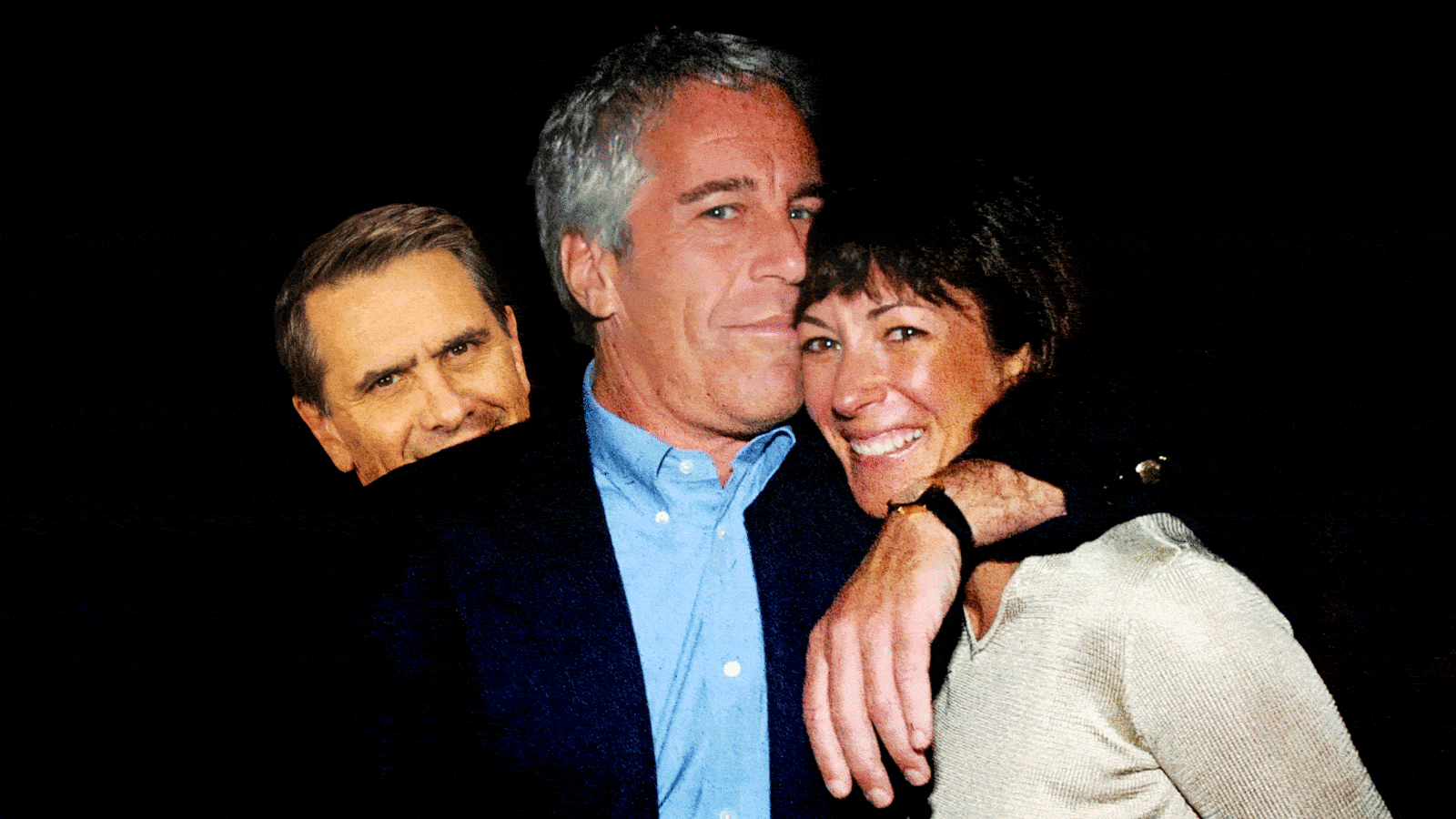Ghislaine Maxwell and Jeffrey Epstein with Todd Blanche peaked out from behind them