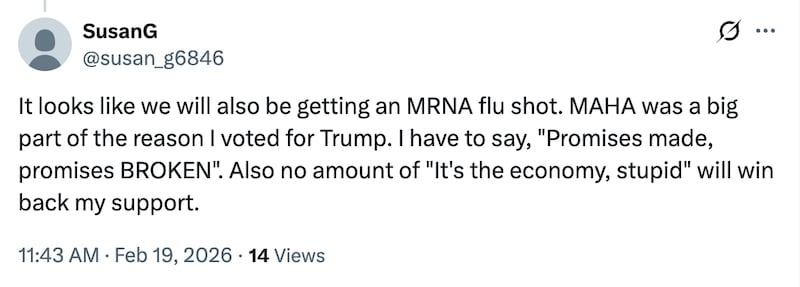 An X post decrying Trump's executive order and the "betrayal" of the MAHA movement.