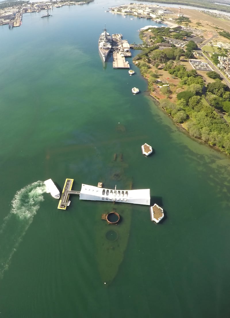 The USS Arizona Memorial and USS Battleship Missouri Memorial can be seen from the air in Pearl Harbor in Honolulu, Hawaii December 5, 2016. REUTERS/