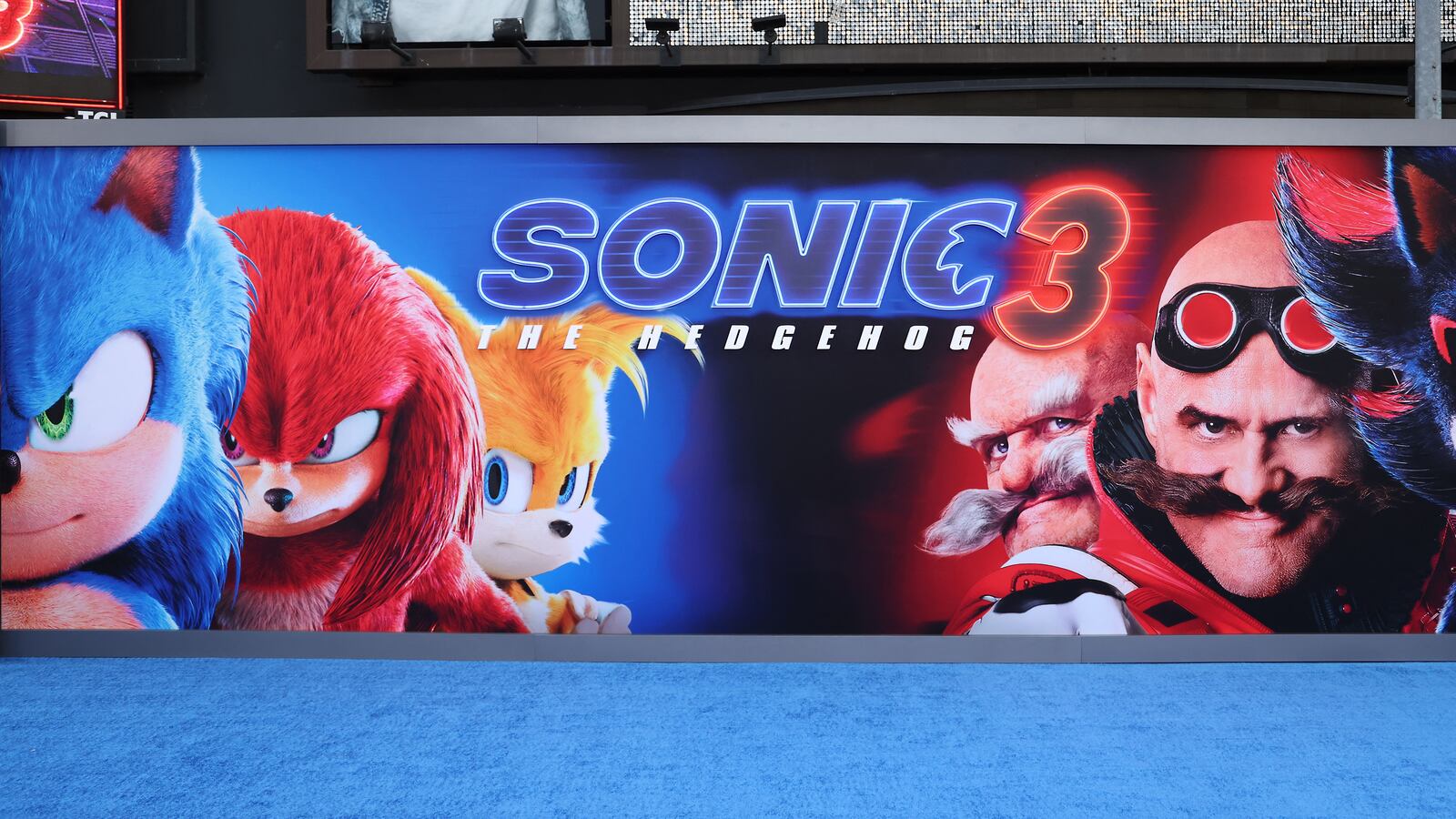 Signage on display at the premiere of "Sonic The Hedgehog 3" at the TCL Chinese Theatre in Hollywood, California, on December 16, 2024. (Photo by Michael Tran / AFP) (Photo by MICHAEL TRAN/AFP via Getty Images)