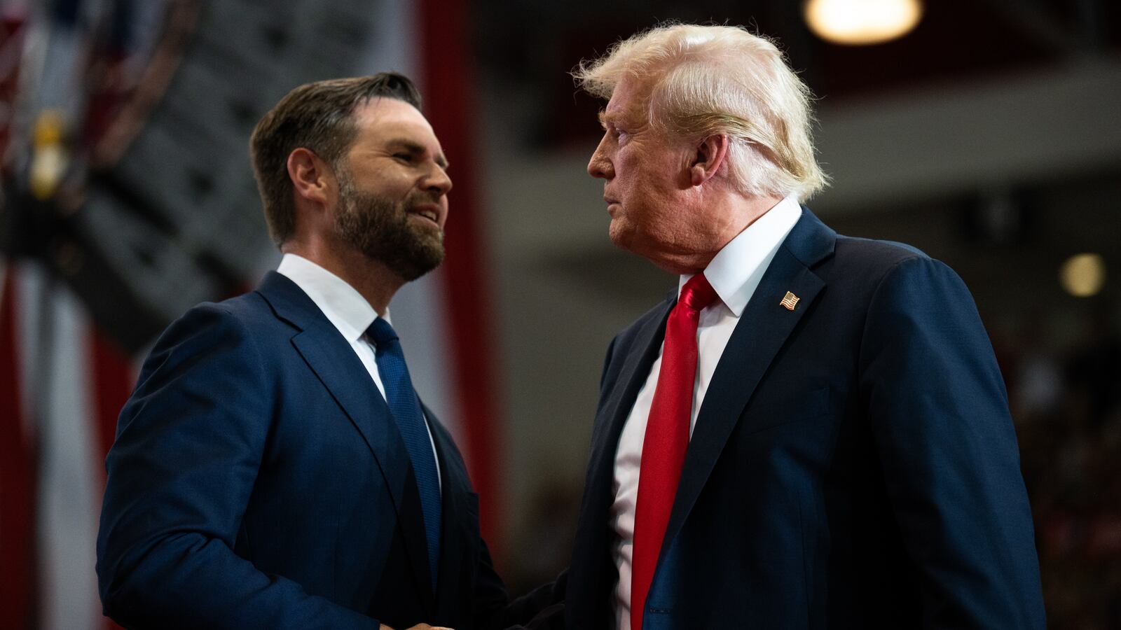 Republican vice presidential nominee U.S. Sen. J.D. Vance (R-OH) introduces U.S. Republican Presidential nominee former President Donald Trump during a rally at Herb Brooks National Hockey Center on July 27, 2024 in St Cloud, Minnesota.