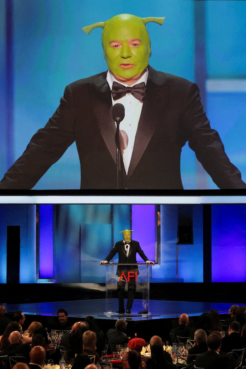 Mike Myers speaks on the stage at the 51st AFI Life Achievement Award tribute gala at the Dolby Theatre in Los Angeles, California, U.S., April 18, 2026. REUTERS/Daniel Cole     TPX IMAGES OF THE DAY