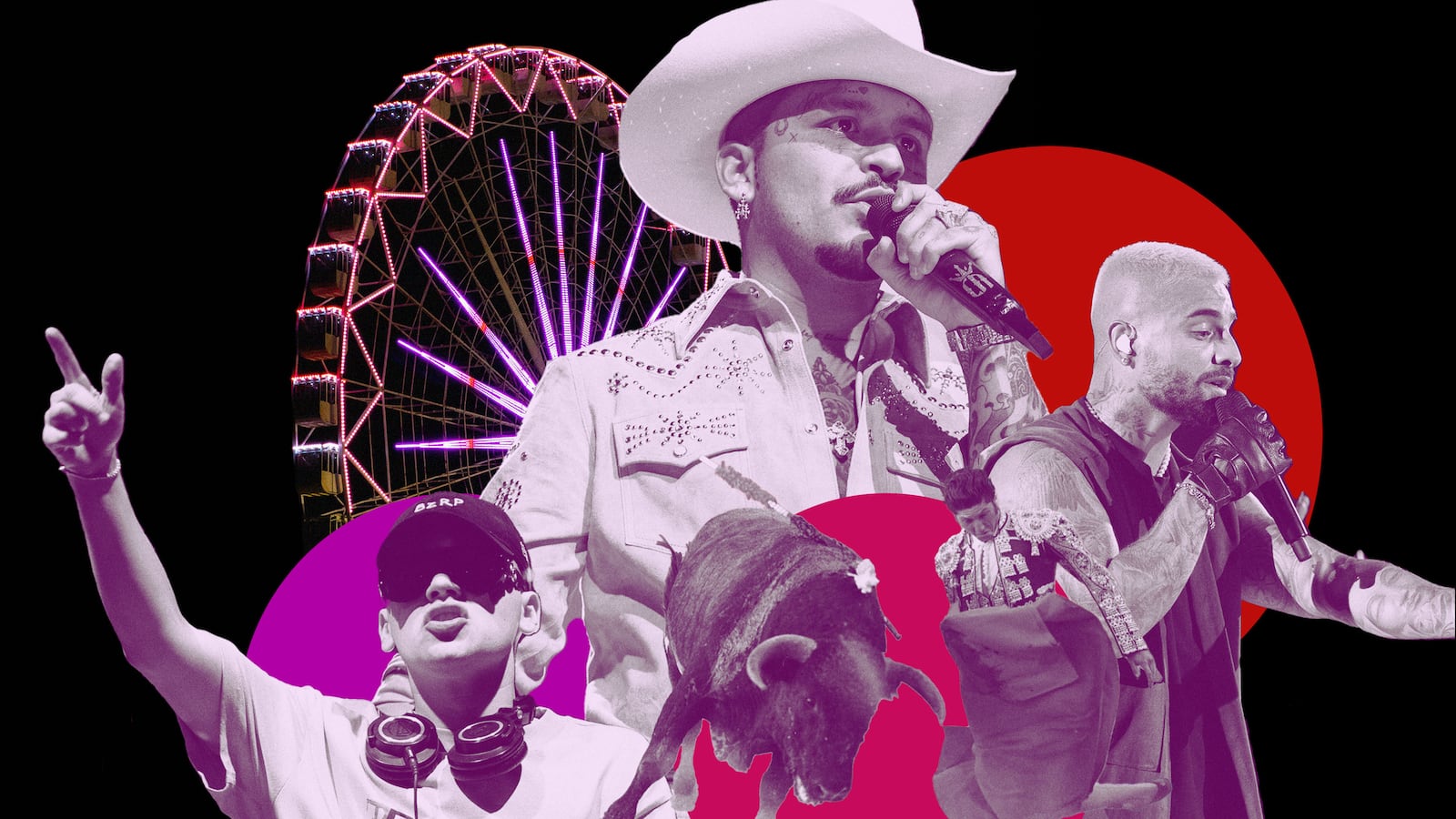 A photo illustration showing bull fighting, a ferris wheel, Christian Nodal, Maluma and Bizzarap