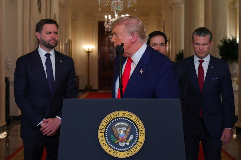 U.S. President Donald Trump delivers an address to the nation alongside U.S. Vice President JD Vance, U.S. Secretary of State Marco Rubio and U.S. Defense Secretary Pete Hegseth at the White House in Washington, D.C., U.S. June 21, 2025, following U.S. strikes on Iran's nuclear facilities. REUTERS/Carlos Barria/Pool