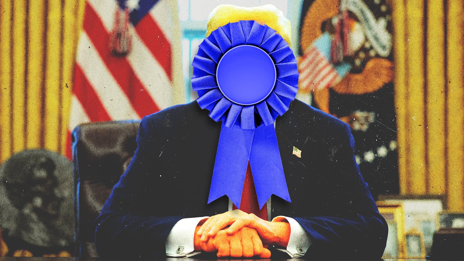 Donald Trump with a blue ribbon in front of his face
