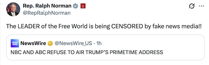 Rep. Ralph Norman X post about networks not airing Trump's speech