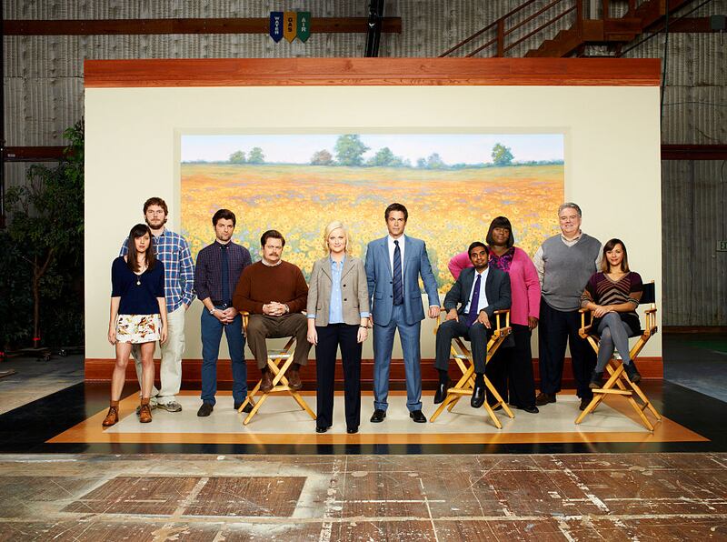 The cast of Parks and Recreation - Aubrey Plaza as April Ludgate, Chris Pratt as Andy Dwyer, Adam Scott as Ben Wyatt, Nick Offerman as Ron Swanson, Amy Poehler as Leslie Knope, Rob Lowe as Chris Traeger, Aziz Ansari as Tom Haverford, Retta as Donna, Jim O'Heir as Jerry Gregich, Rashida Jones as Ann Perkins.