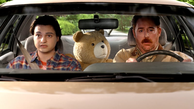 (l-r) Max Burkholder as John, Seth MacFarlane as voice of Ted, and Scott Grimes as Matty.