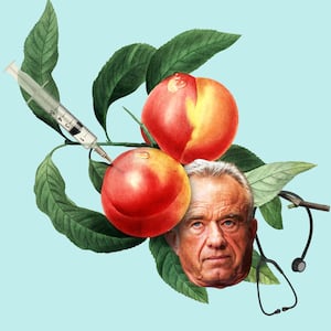 Robert F Kennedy, Jr on a branch of peaches with a syringe and a stethoscope