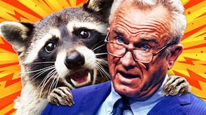 A photo illustration of a screaming raccoon and RFK, Jr.