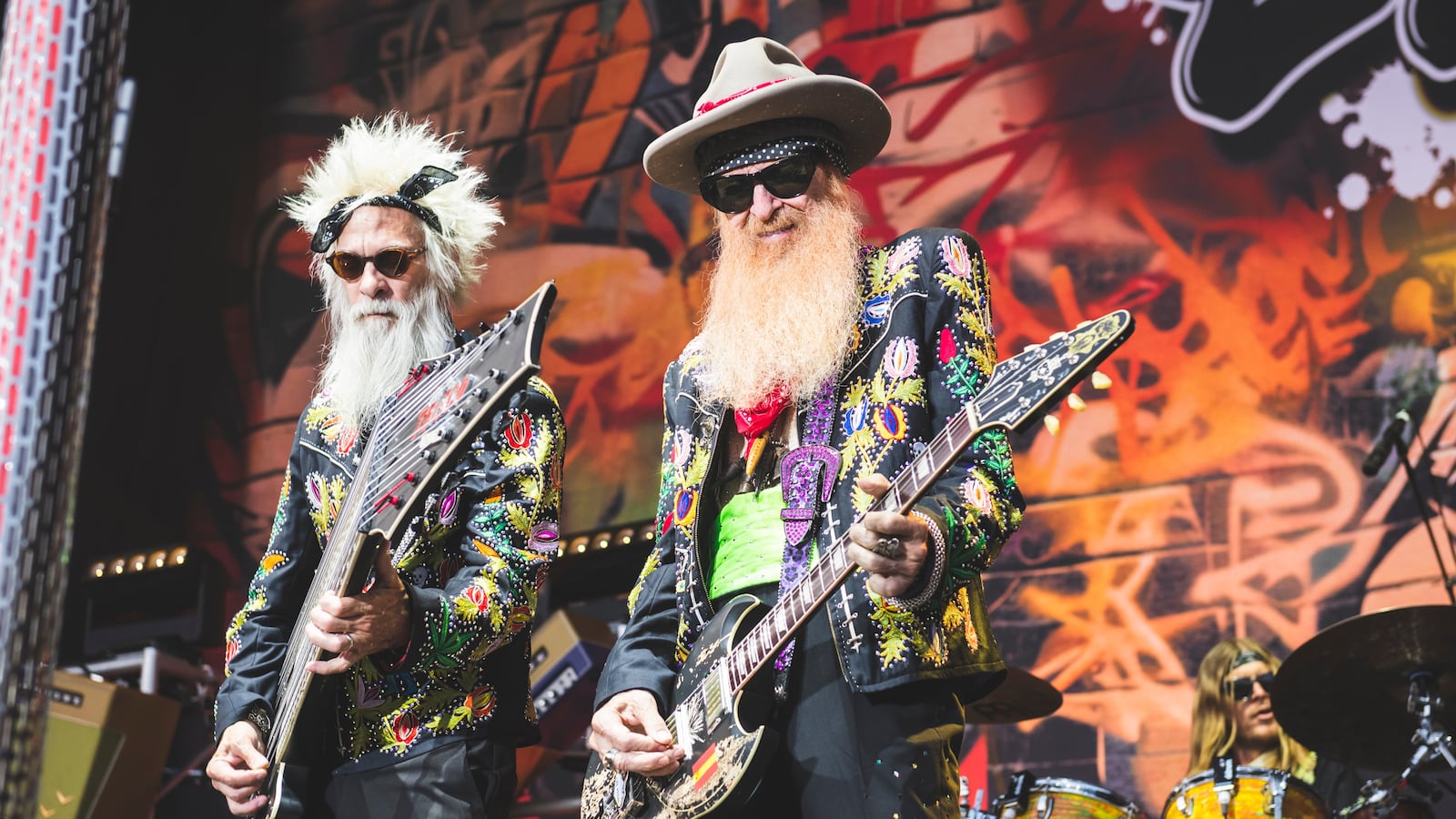 MADRID, SPAIN - JULY 20: Elwood Francis and Billy Gibbons of ZZ Top perform on stage during Noches del Botanico music festival at Real Jardin Botanico Alfonso XIII on July 20, 2026 in Madrid, Spain. (Photo by Mariano Regidor/Getty Images)