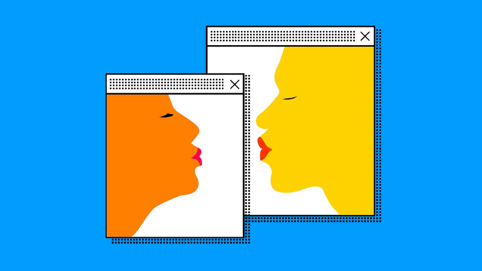 Illustration of people kissing in old computer windows