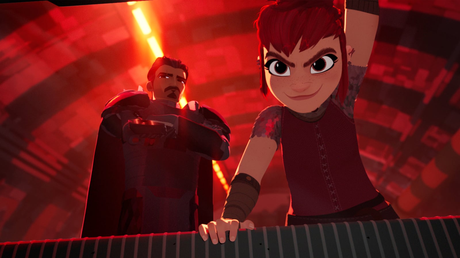 A still image from Netflix animated series Nimona starring Chloë Grace Moretz and Riz Ahmed