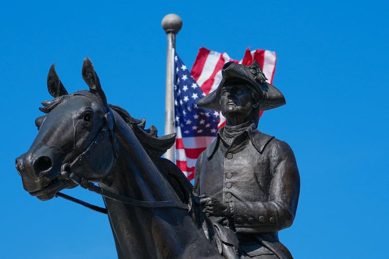 The controversial statue of Caesar Rodney on horseback is seen during the ceremonial reopening of Freedom Plaza to mark "the revitalization of one of the nation's most prominent civic gathering spaces”, in Washington, D.C., U.S., June 30, 2026.