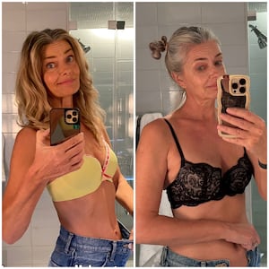 Paulina Porizkova is pictured in side-by-side photos from her Instagram post wearing the same jeans, 20 pounds heavier.