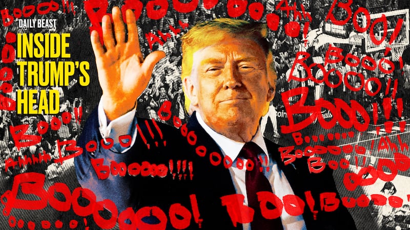 A photo illo illustration of Donald Trump and the Knicks Spurs basketball game and boos for Inside Trump's Head.