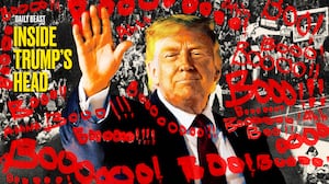 A photo illo illustration of Donald Trump and the Knicks Spurs basketball game and boos for Inside Trump's Head.