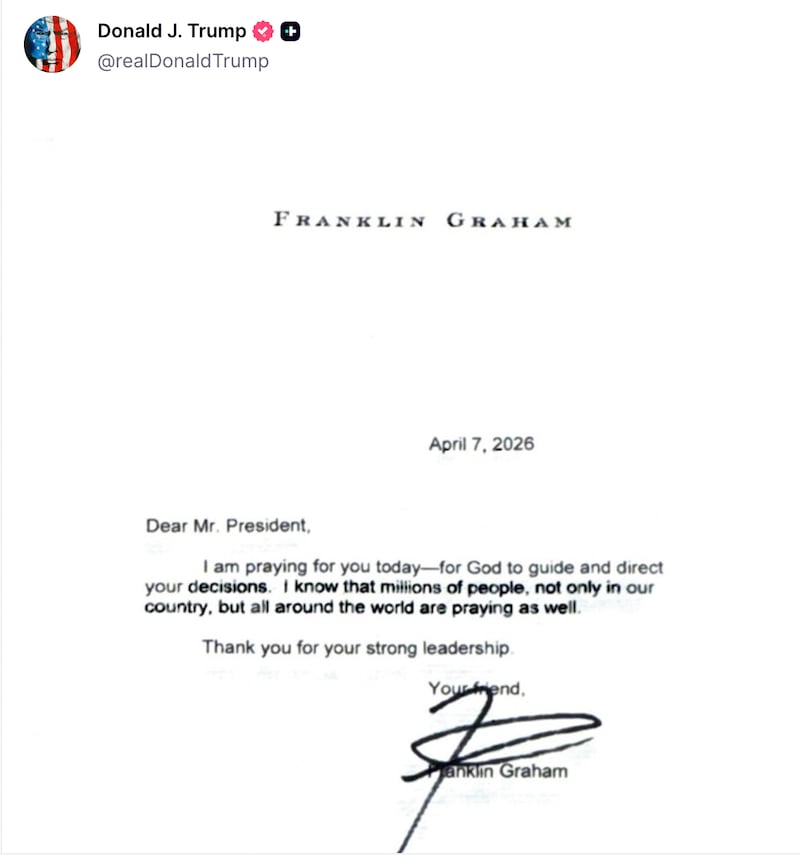 Letter from Franklin Graham to Donald Trump.